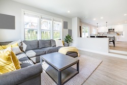 Family home living room with grey sofa and yellow accents