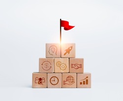 Business startup with growth success process for Leadership concept. Red flag on the top of wooden cube blocks as a stair step with up arrow sign strategy icon on white background.