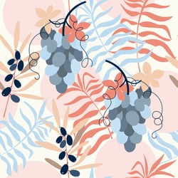 Seamless abstract nature pattern on white  background. Palm leaves, Bunch of grapes. Hand drawn elements. Design for textiles, wallpapers, packaging, printed products. Vector illustration