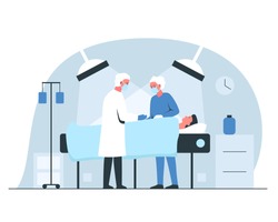 Male surgeon and nurse performing an operation in surgery room in a hospital. Vector concept illustration of a man under the lights anesthetized
on the operating table in surgery room interior