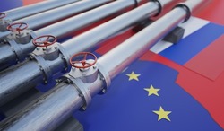 Pipes of gas or oil from Russia to European Union. Sanctions concept. 3D rendered illustration.