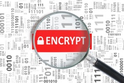 Computer security and encryption concept. Encrypt word inside magnifying glass in binary code.