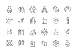 Medical science icons. Simple line chemistry virus lab set of medical analysis experiment, laboratory test flask, chemical formula and reaction tube. Vector illustration editable stroke