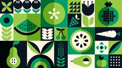 Organic fruit vegetable geometric pattern. Natural food background creative simple bauhaus style, agriculture vector design