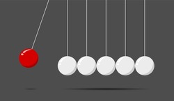 Vector illustration of red sphere hanging on threads hitting another pendulum group on dark gray background.