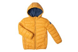 Childrens winter jacket. Stylish childrens yellow warm down jacket isolated on white background. Winter fashion.