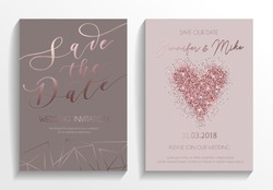 Wedding invitation card set. Modern design template with rose gold glitter heart and lettering. Elegance wedding invitation with geometric elements. Vector illustration.