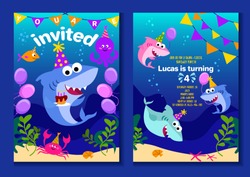 Baby shark party invitation cards. Happy Birthday greeting card in cartoon style with under the sea world animals shark, octopus, balloons etc. Colorful kids party poster or invitation vector template