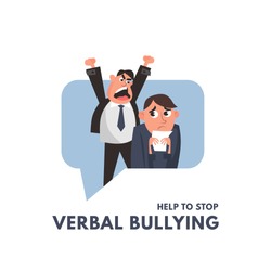 Verbal bullying between a boss and office worker. Workplace harassment illustration in cartoon style. Vector workplace bullying concept.