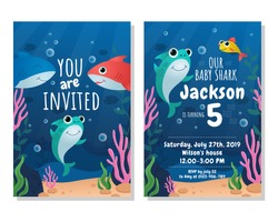 Baby shark party invitation card. Kids birthday party vector illustration. Joyful invitation to birthday of little child in marine underwater design flat style concept