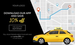 Taxi service banner with free ride discount vector illustration. Template with top view on modern city map with geolocation pins, yellow cars and promotion code flat style concept. Place for text