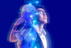 Business investment and metaverse AI artificial intelligence data analysis technology. Businessman and robot future investor, stock market, forex, and crypto currency NFT game finance investment. 