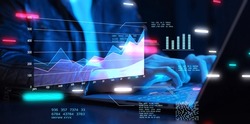 Business finance data analytics graph chart report, man using laptop computer hand typing investment data digital marketing KPI sale report, financial management technology, cyber space metaverse.