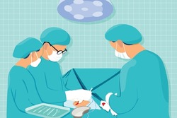 A team of uniformed surgeons perform surgery on a patient at a heart surgery clinic, professional modern medicine Illustration of a character wearing a mask Premium Vector.