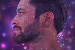 An artistic portrait of a man's profile digitally manipulated and modified on a colorful background 