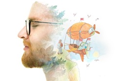 Paintography. A profile portrait of a man combined with a watercolor painting. Dreams about traveling.