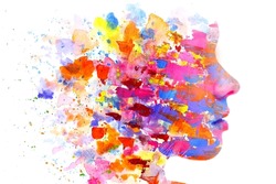 A profile portrait of a young woman combined with an abstract watercolor painting in a paintography technique. Dissolving into art.