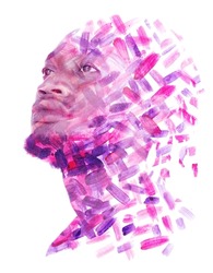 A creative portrait of a man combined with various colorful paint strokes.
