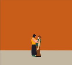 Meeting of two friends hugging in the street. Beautiful successful couple embracing in city. Togetherness concept. Vector cartoon illustration