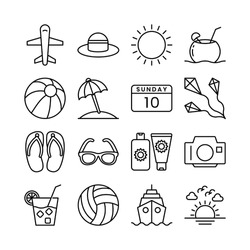 Travel, Holiday, Summer, and Tourism line icons set vector illustration. Beach, Sea, Passport, Sand, Travel, Kite, Umbrella, Summer, Vibes, Hot Sun, 10, Sunday. Pixel perfect. Editable Stroke.