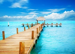 Vacations And Tourism Concept. Tropic Paradise. Jetty on Isla Mujeres, Mexico,Cancun