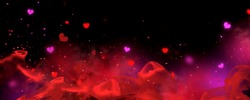 Valentine's Day red and black Background. Holiday Blinking Abstract Valentine Backdrop with Glowing Hearts. Heart Shape Bokeh. Love concept. Valentines art vivid design. Romantic wide screen banner