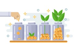 Investment and finance growth business concept. Hand putting coin in clear bottle. Green tree growing from money coins. Vector flat isolated illustration.