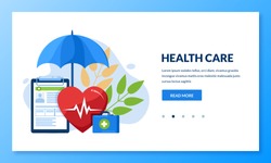 Health care concept. Vector flat medical  illustration. Heart, umbrella, first aid kit and health insurance sheet. Landing page or banner design template for medicine and healthcare themes.