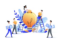 Crowdfunding and investment into idea or business startup. Vector flat illustration. Young people putting money to bulb piggybank. Crowd funding, charity and teamwork concept.