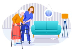 Home care services for seniors. Nurse or volunteer worker taking care of an elderly woman. Vector flat cartoon characters and room interior illustration. Healthcare and social support concept