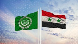 Arab League and Syria flag waving in the wind against white cloudy blue sky together. Diplomacy concept, international relations.