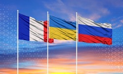 Flags of Russia, Ukraine and France The concept of tense relations between Russia and Ukraine