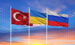 Flags of Russia, Ukraine and Turkey The concept of tense relations between Russia and Ukraine