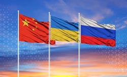 Flags of Russia, Ukraine and China The concept of tense relations between Russia and Ukraine