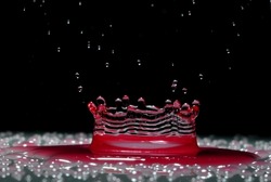 A drop of red water forming a coronet as it splashes into a shallow layer of liquid