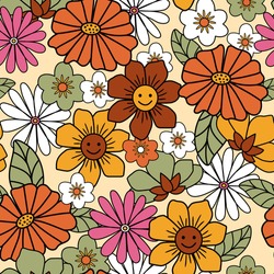 Colorful 70s style retro floral pattern. Vintage background perfect for cards, wallpaper, fabric, textiles, wrapping paper.