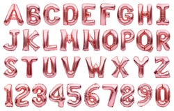 English alphabet and numbers made of pink golden inflatable helium balloons isolated on white. Rose gold foil balloon font, full alphabet set of upper case letters and numbers