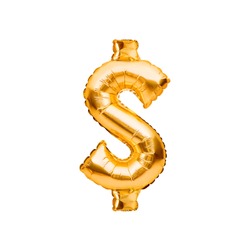 Gold Dollar Sign Balloon. Golden usd currency symbol made of inflatable foil balloon. Investment and banking concept