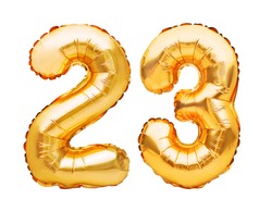 Number 23 twenty three made of golden inflatable balloons isolated on white. Helium balloons, gold foil numbers. Party decoration, anniversary sign for holidays, celebration, birthday, carnival