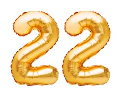 Number 22 twenty two made of golden inflatable balloons isolated on white. Helium balloons, gold foil numbers. Party decoration, anniversary sign for holidays, celebration, birthday, carnival