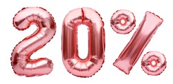 Rose golden twenty percent sign made of inflatable balloons isolated on white.Helium balloons, pink foil numbers. Sale decoration, black friday, discount concept.20 percent off, advertisement message.