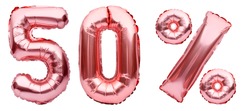 Rose golden fifty percent sign made of inflatable balloons isolated on white.Helium balloons, pink foil numbers. Sale decoration, black friday, discount concept. 50 percent off, advertisement message.