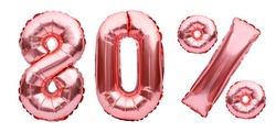 Rose golden eighty percent sign made of inflatable balloons isolated on white.Helium balloons, pink foil numbers.Sale decoration, black friday, discount concept.80 percent off, advertisement message.