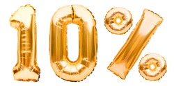Golden ten percent sign made of inflatable balloons isolated on white. Helium balloons, gold foil numbers. Sale decoration, black friday, discount concept. 10 percent off, advertisement message.