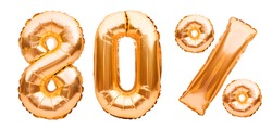 Golden eighty percent sign made of inflatable balloons isolated on white. Helium balloons, gold foil numbers. Sale decoration, black friday, discount concept. 80 percent off, advertisement message.