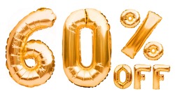 Golden sixty percent sale sign made of inflatable balloons isolated on white. Helium balloons, gold foil numbers. Sale decoration, black friday, discount concept. 60 percent off, advertisement.