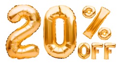Golden twenty percent sale sign made of inflatable balloons isolated on white. Helium balloons, gold foil numbers. Sale decoration, black friday, discount concept. 20 percent off, advertisement.