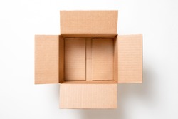 Open empty rectangular cardboard box on white background. Mockup for design and advertising. Brown craft paper or carton box mock up. Top view