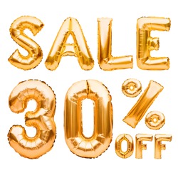 Golden thirty percent sale sign made of inflatable balloons isolated on white. Helium balloons, gold foil numbers. Sale decoration, black friday, discount concept. 30 percent off, advertisement.