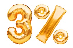 Number 3 three and percent sign made of golden helium inflatable balloons isolated on white. Gold foil numbers for web and advertising banners, posters, flyers. Discounts, sale, Black Friday concept
